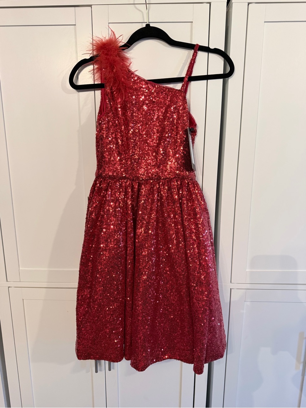 Marc deFang Red Sequin One-Shoulder Kids Dress with Feather Accent